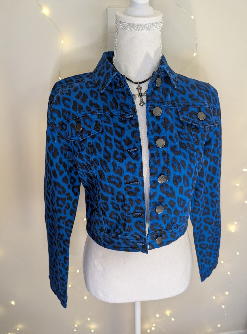Electric Blue Leopard Print Cropped Denim Jacket